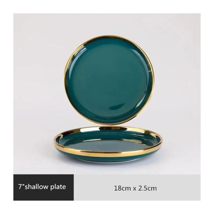 Assiette Plate en Céramique Verte Bord Doré 18 cm (7) - 1 Pièce - Vaisselle Haut de Gamme en Porcelaine - Vendue à lUnité