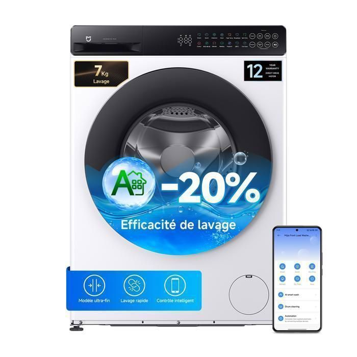 Mijia Lave-linge Hublot 7kg - Machine à laver - 20% plus économe que la classe A - Profondeur 421 mm - Vapeur 99 99% - Blanc