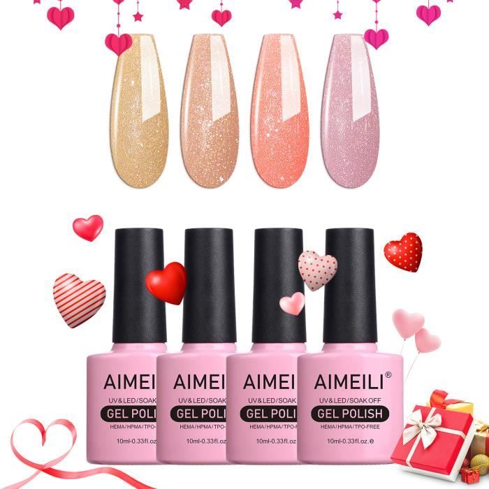 AIMEILI Vernis Semi Permanent Set 4pcs X 10ml Pailleté Brune Rouge, Lot Vernis à Ongles Gel Soak Off UV LED Manucure Kit 30