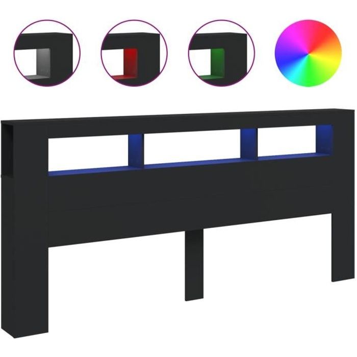Tête de lit - AKOZON - Modèle LED - Bois dingénierie - Noir - 220x185x1035 cm