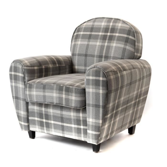 fauteuil club - amadeus - tartan gris - tissu - avec accoudoirs - contemporain