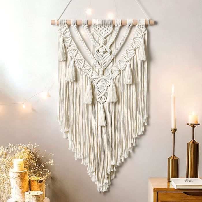 Tapisserie Murale Macramé Lune Avec LED - Attrape-rêves Bohème - Décoration Chambre Ou Salon - Fait Main - Cadeau Idéal