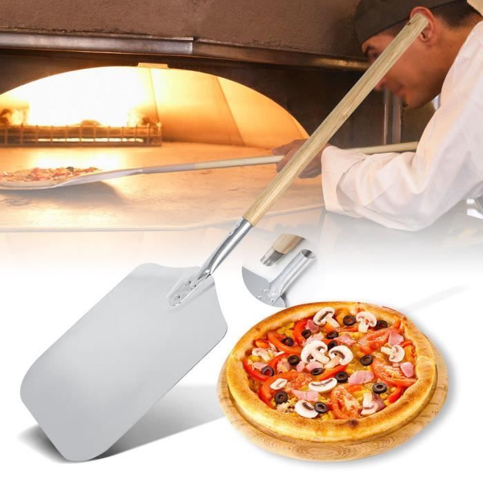 Pelle à Pizza Aluminum - Filetage pratique et solide - Pelle à pizza à bords arrondis - avec Une Poignée en Bois Amovible - 76.5 CM