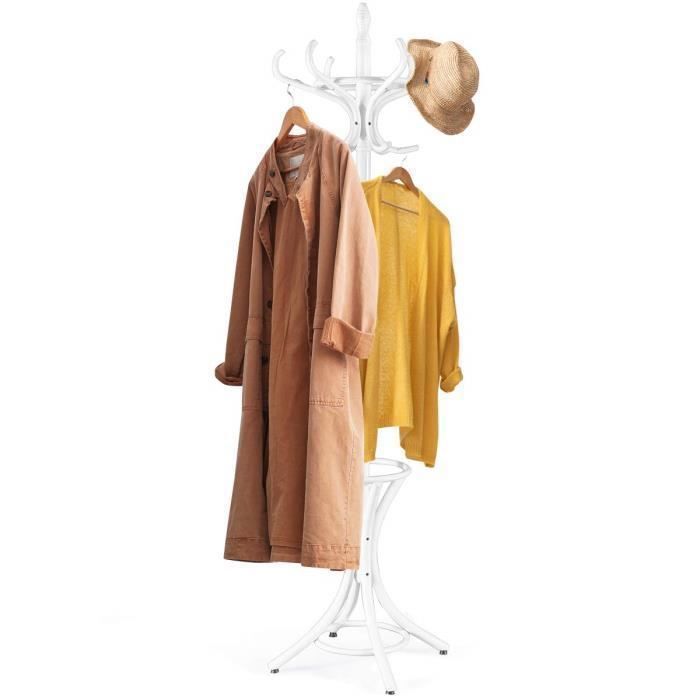 GOPLUS Porte-Manteau sur Pied H.184CM avec 12 Crochets en Bois Massif-Support Manteau/Parapluie/Chapeau Blanc