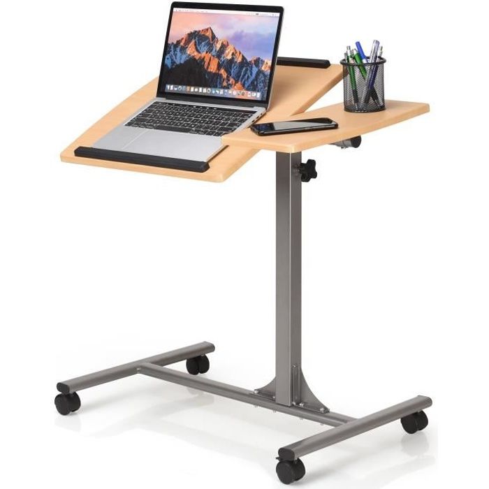 GIANTEX Table de Lit à Roulettes InclinableHauteur Réglable 71-93 CMBout de Canapé/Table pour Ordinateur avec Tablette de Souris