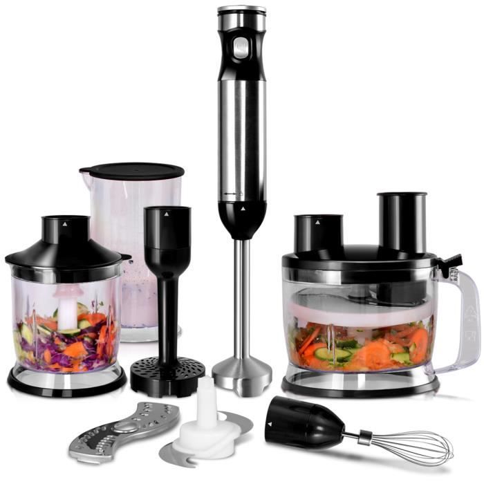 4 en 1 Mixeur Plongeant, Mixeur Multifonction Inox 1000W Batteur Electrique avec Mélangeur 700ml