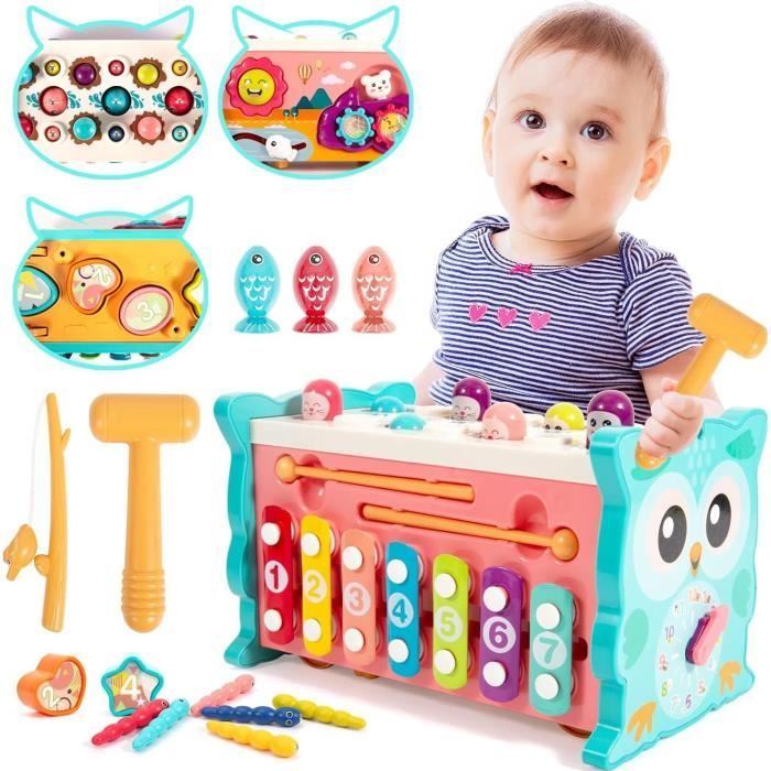 Jouet Enfant Bebe 2 3 4 5 6 Ans Jeux Educatif 8 en 1 Bancs à Marteler avec Xylophone Bebe Labyrinthe Horloge Jeu de Peche Magnétique