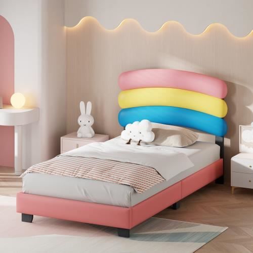 lit d'enfant lit rembourré 90 * 200cm, cadre à lattes, forme arc - en - ciel en cuir pu pour les hommes et les femmes lit, rose