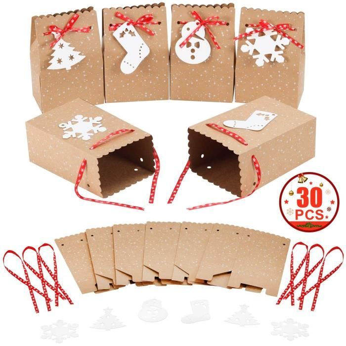 Faciles à Plier Sacs à Bonbons en Papier Kraft de Noël MonQi 30pcs Sacs de Cadeau de Noël Sacs en Papier de Noël avec 30 détiquettes de Noël Blanches et 30 Ruban Parfaits pour Les Fêtes de Noël 