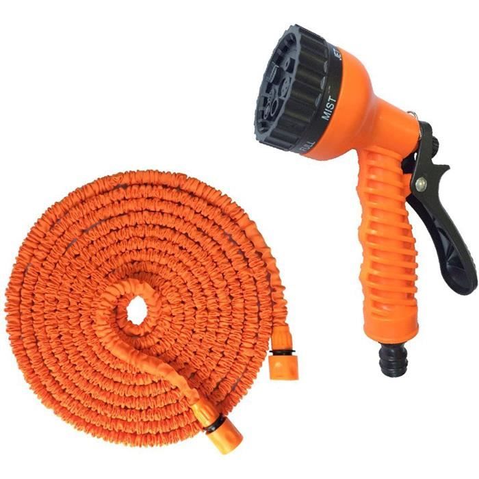 Tuyau D'arrosage Extensible Orange 30m - Avec Buse 10 Fonctions Et Raccords Laiton, Flexible, Anti-pliage