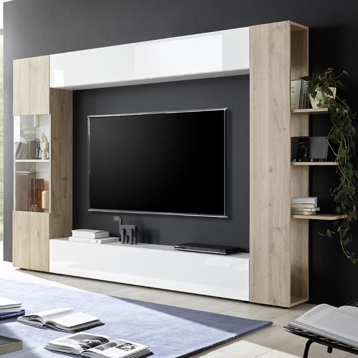 Meuble tv mural blanc et chêne moderne FINO 3 Marron L 257 x P 30 x H 187  cm - Cdiscount Maison