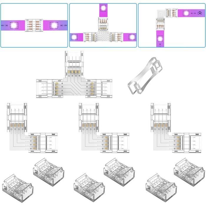 REDTRON Kit de connecteurs pour ruban LED 2pcs Séparateur de Bande LED 4 Broches 1 à 2 Câble Diviseur Connecteur à 4 Broches pour ruban LED RVB 5050 3528 2835 Accessoires de DIY 