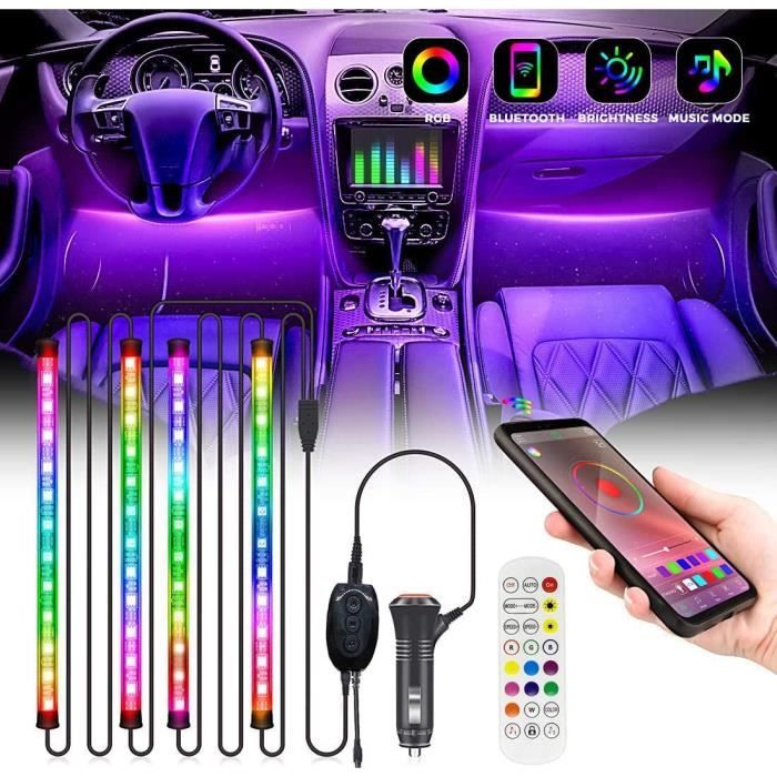 Lot de 4 bandes lumineuses au néon pour voiture, mode musical avec fonction  active sonore RGBIC avec télécommande sans fil pour voiture, camion, SUV