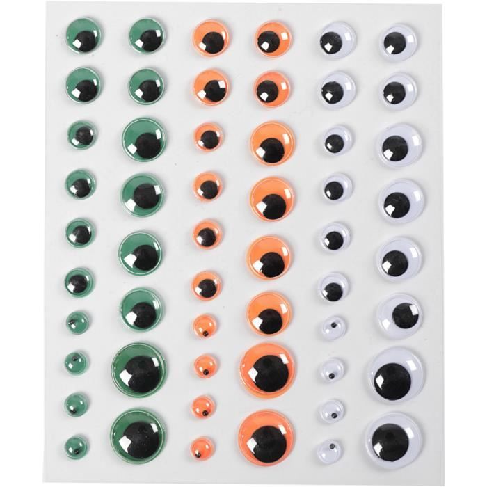 Feuillet de yeux autocollants ronds en 5 tailles et 3 couleurs différentes, avec pupilles noires mobiles derrière du plastique