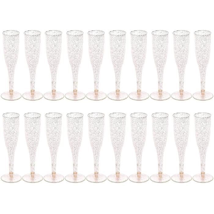 Lot de 20 flûtes à champagne jetables en plastique doré à paillettes