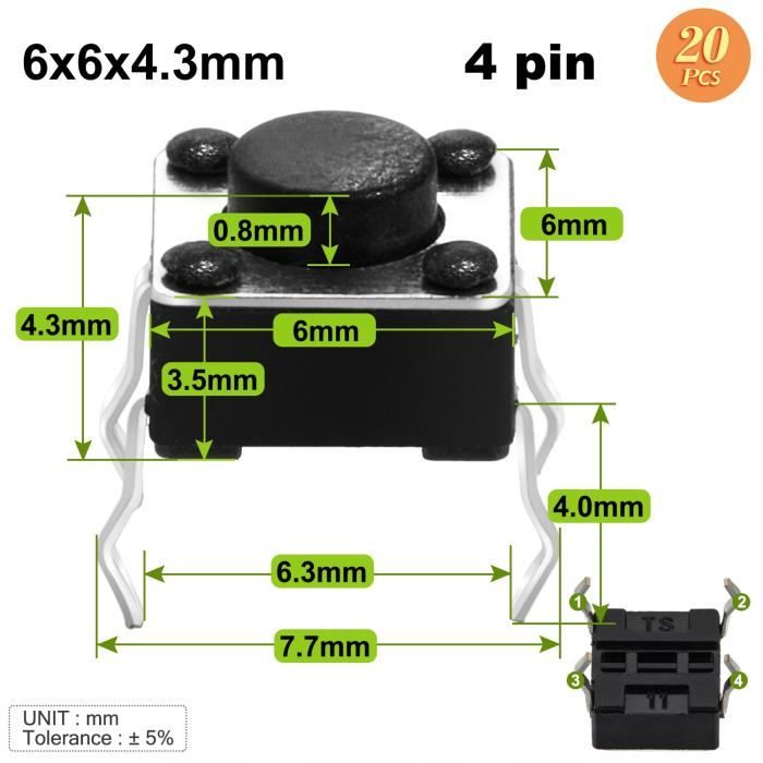 Lot De 10 Micro Boutons Poussoirs 6x6x4.3 Mm - 2 Broches - Pour Circuits électroniques DIY