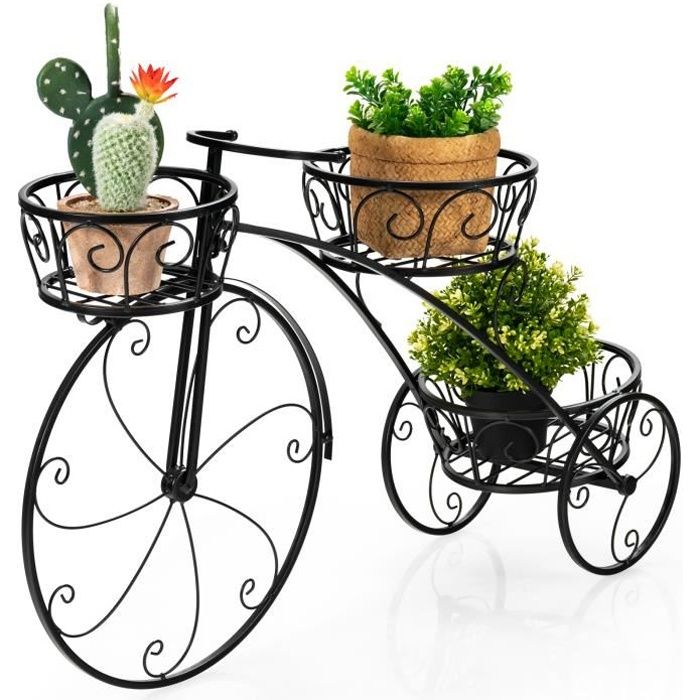 COSTWAY Support pour Plantes en Forme de Bicyclette avec 3 Paniers et Roues Décoratives Style Parisien pour Intérieur/Extérieur
