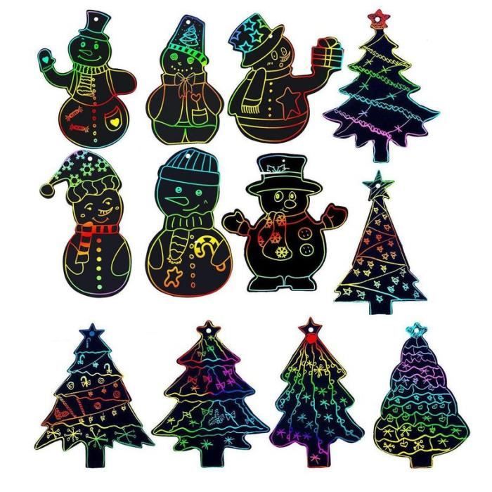 36 Cartes à Gratter De Noël – Formes De Père Noël, Bonhomme De Neige, Renne, Sapin – Rubans Inclus – Kit DIY Décoratif – Activité Créative Pour Enfants