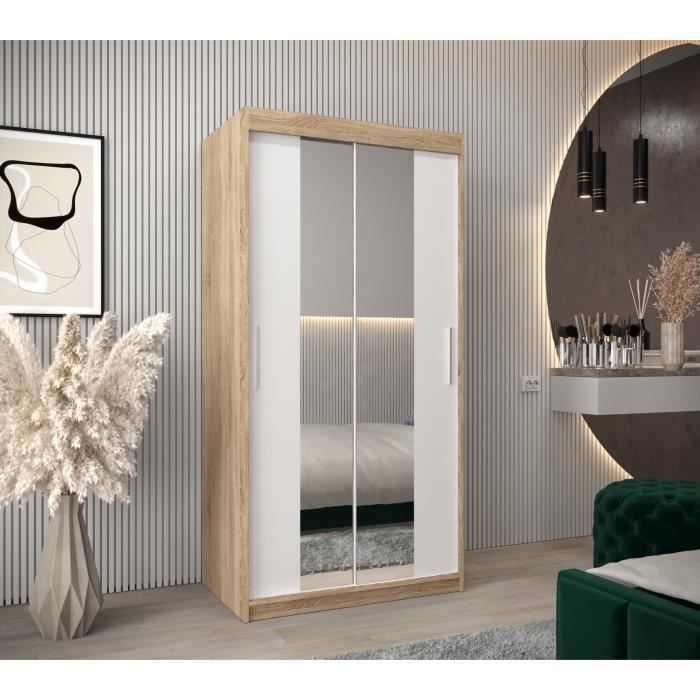 Armoire de Chambre Torm 1 Sonoma-Blanc 100 avec 2 Portes Coulissantes et Miroir Penderie (Tringle) avec étagères Avec tiroirs