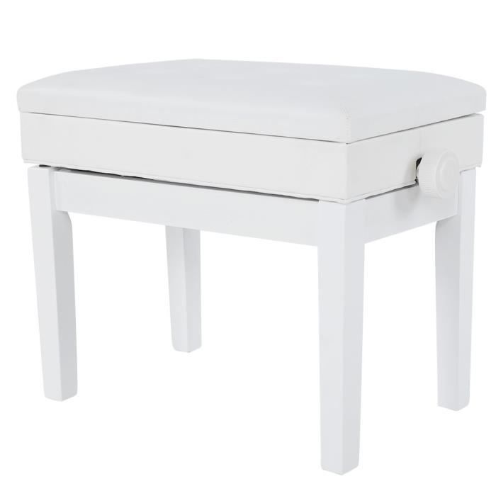 Banc De Piano Réglable En Hauteur - Cuir PU, Pieds Bois Massif, Rangement Partitions - Blanc - 120kg Max