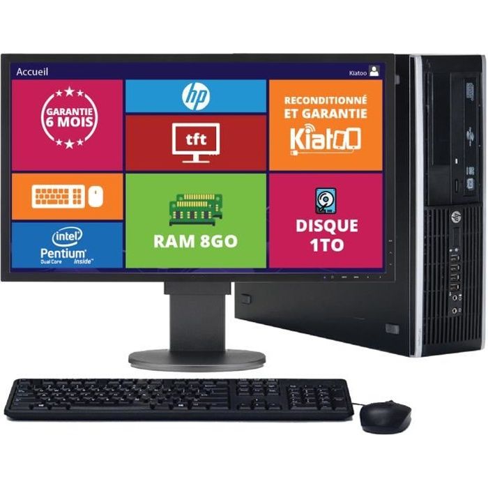 ordinateur de bureau HP elite 8200 pentium intel dual core 8 go ram 1 to disque durpc reconditionné avec écran 22 poucesw7
