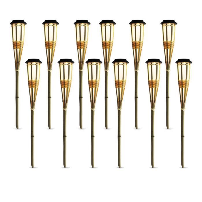 Lot de 12 torche solaire lampe LED de jardin torche lumière en bambou - Diamètre 8.8 x Hauteur 62 cm -JUANIO