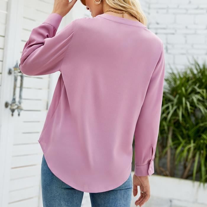 Dioche Top Femme Manches Longues Col V Coupe Decontractee Chemisier pour une Tenue Quotidienne Travail Rue Pink Cdiscount Pret a Porter