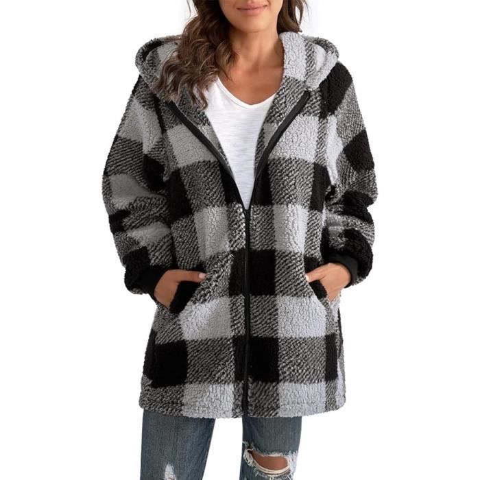 Veste Polaire Zippe Femme Chaude Sweats Manteau a Capuche epais Blousons a Carreaux Cardigan Casual Mode Hiver Outerwear Ample Gris