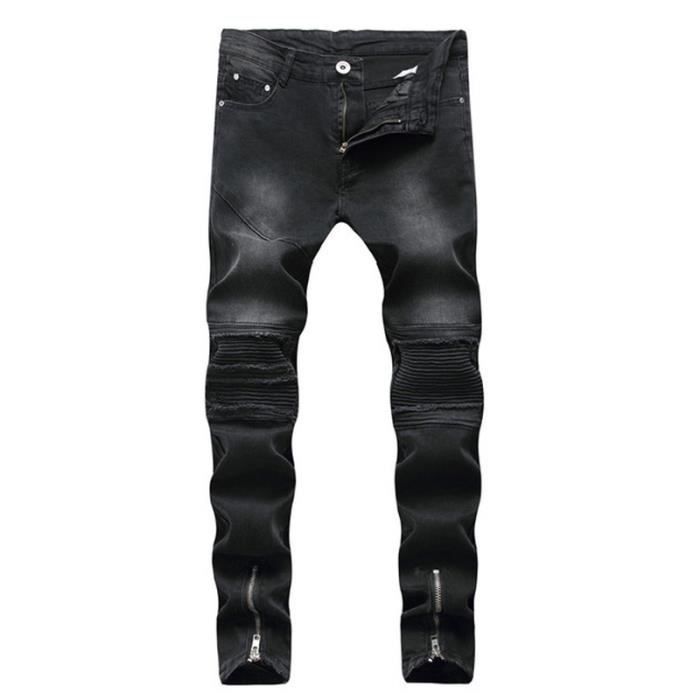 Jeans homme de marque luxe plier trou Stretch coupe droite Tendance Les loisirs Pantalons Noir Cdiscount Pret a Porter