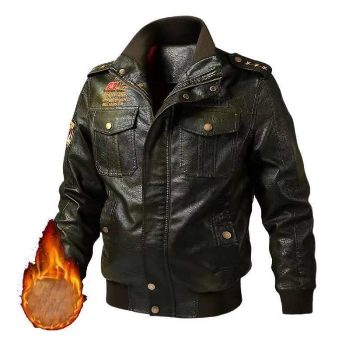 Veste Homme motard en cuir de Marque homme vareuse doublure Polaire Epais Vintage Blouson 