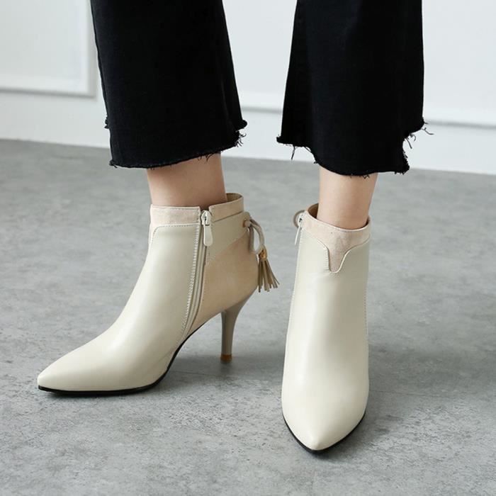 Mode Pure Couleur Bout Pointu Zipper Bottes Talons Fins Casual Femmes Chaussures Beige Ahuhaok2020 Achat Vente Mode Pure Couleur Bout Pointu Pas Cher Cdiscount