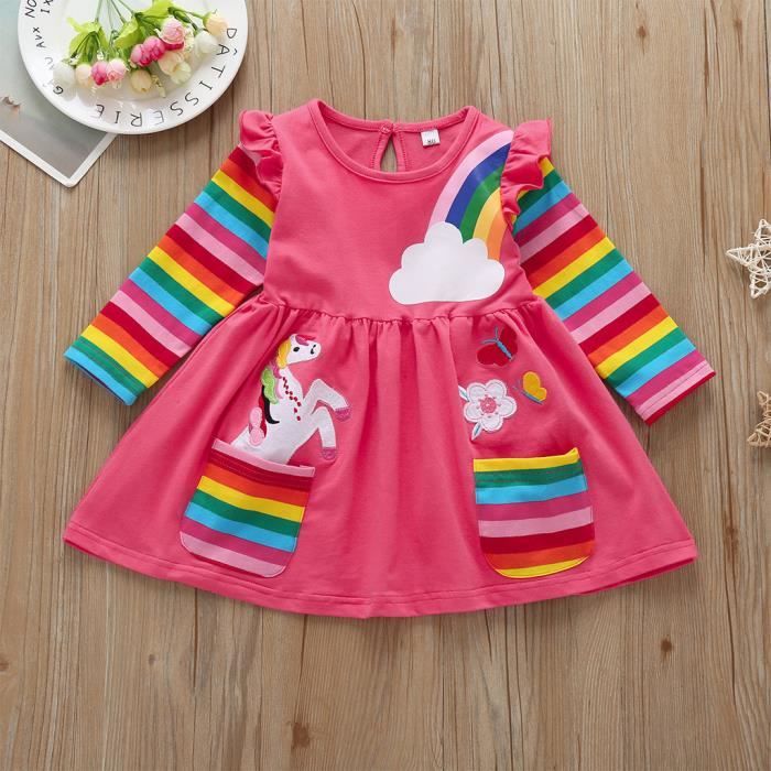 Bebe Fille Manches Longues Volants Dessin Anime Robe Arc En Ciel Robe Multicolore Cdiscount Pret A Porter