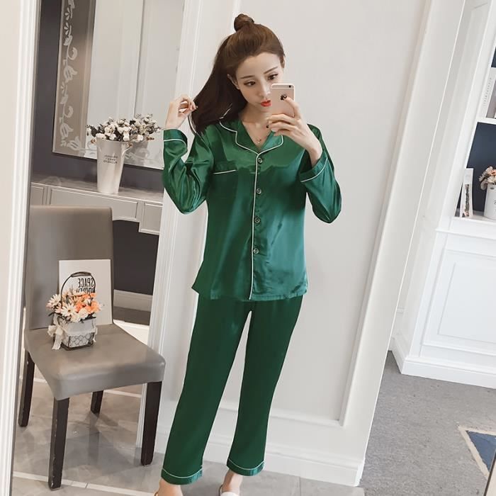 Pyjama femme long,Pyjama en fausse soie pour femmes, ensembles de ...