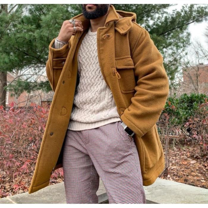 Manteau long hiver chaud homme a capuche amovible Jaune Bouton corne Parka Caban longue Jaune Cdiscount Pret a Porter