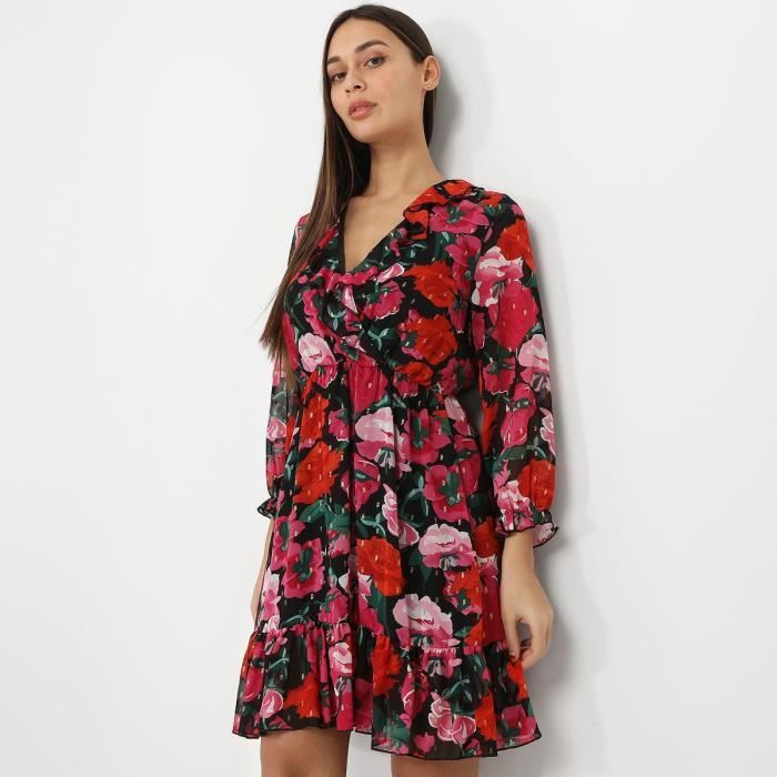 Robe noire a fleurs rouges et volants Noir Cdiscount Pret a Porter