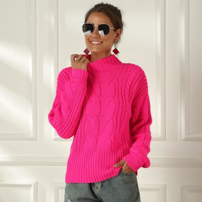 Pull Pull tricote couleur unie pour femme couleur neon rose Fuchsia demi col roule Long ample tricot Neon Fuchsia Blanc Cdiscount Pret a Porter