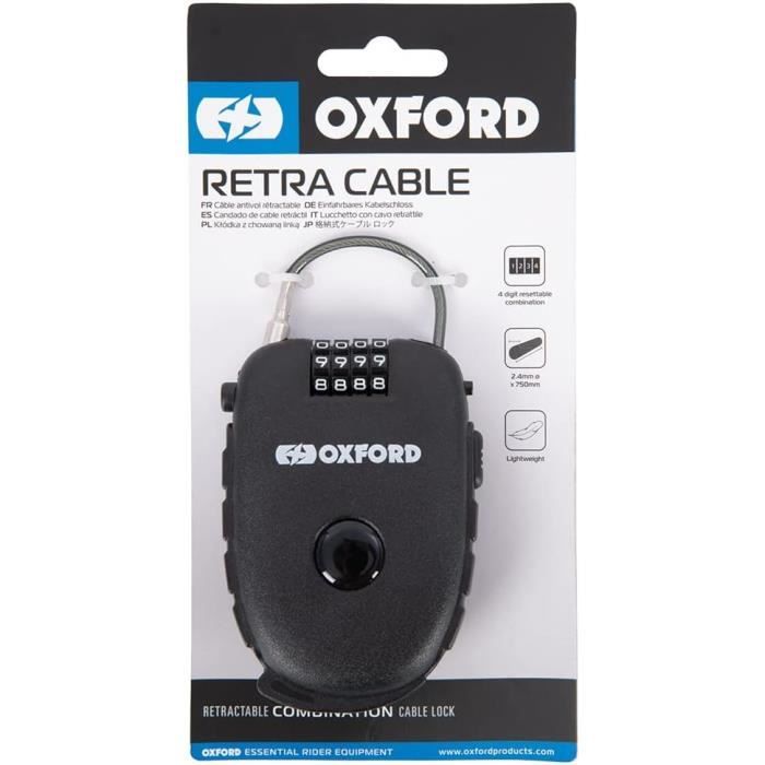Oxford Products LK100 Cadenas à combinaison à 4 chiffres avec câble  rétractable de 75 cm pour vélo, ski, snowboard, poussette, c232