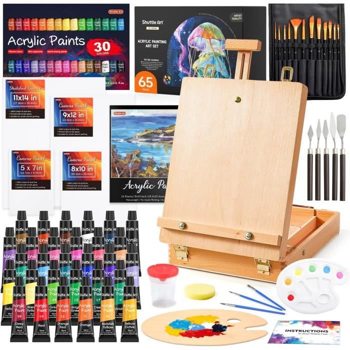 Kit Peinture Acrylique USHOP 24 Pièces - Chevalet Bois, 12 Couleurs, 5 Pinceaux, Toile 20x30 Cm - Pour Débutants Et Artistes - 2