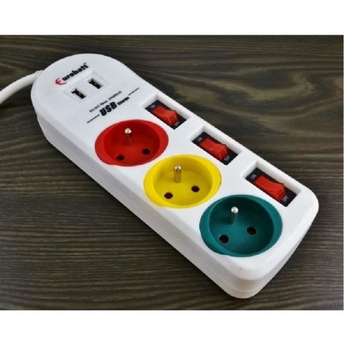 Multiprise avec 3 Prises de Terre + 2 prises USB Interrupteur On