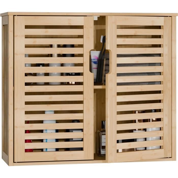 Armoire Murale En Rotin Et Bambou Avec étagère Réglable - 40x20x60 Cm, Rangement Suspendu Pour Salle De Bain, Cuisine, Buanderie