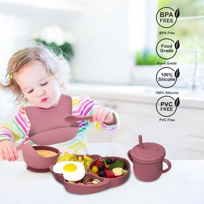 Bébé Assiette Compartiment avec Ventouse,6 Pièces Silicone Antiderapant Assiette  Enfant Set sans BPA ,Rose - Cdiscount Puériculture & Eveil bébé