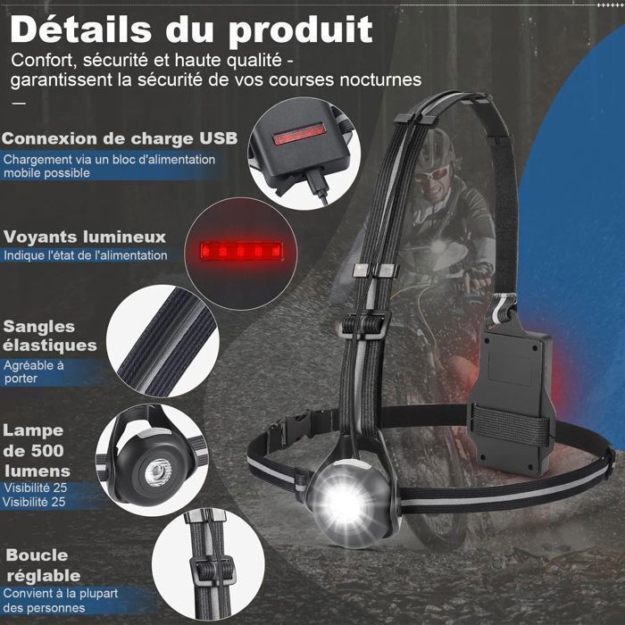 Lampe Running 500 Lumens Rechargeable USB – Lampe Pectorale Avec Angle Réglable 90°, Sangle Réfléchissante, étanche IPX4 Pour Jogging, Camping Et Sports Extérieurs