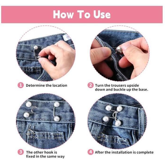 Kit 6 Paires De Boutons De Jeans Clipsables - Perles Noires Et Blanches, Réglables Sans Couture, Métal
