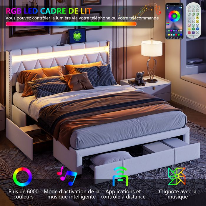 Lit Double 160x200 Avec Rangement Yeutre - 4 Tiroirs, Tête De Lit Velours Et Ports USB - Sans Matelas - 4