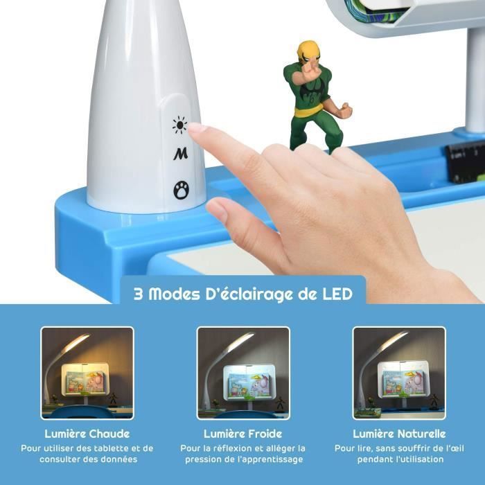 Bureau Enfant Réglable DREAMADE Avec Chaise - Lampe Intégrée Et Plateau Inclinable - Espace Rangement