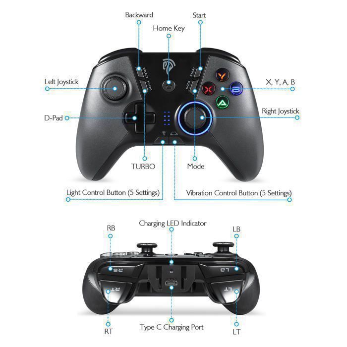 EasySMX Manette de Jeu sans Fil, 2,4 G, Double Vibration, 8 Heures de Lecture pour PC/téléphones Android, tablettes, TV Box (Noir et Gris