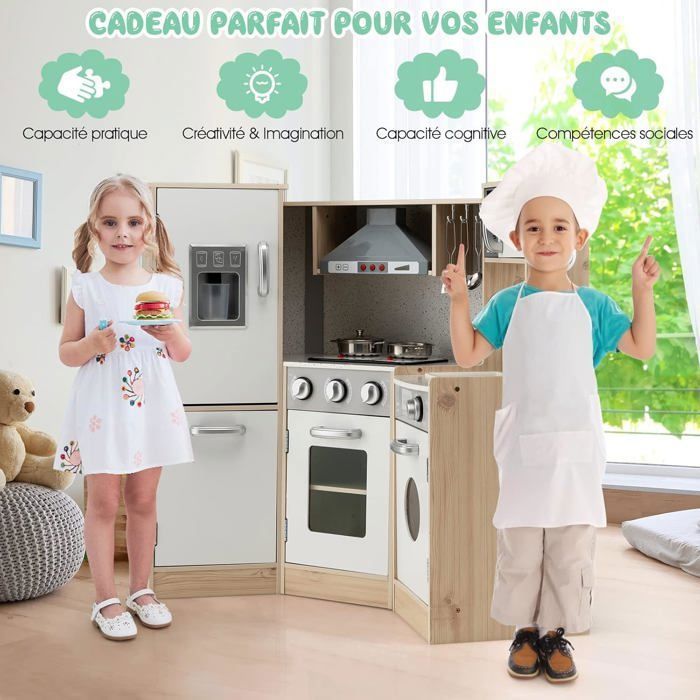 GOPLUS Cuisine en Bois Enfant avec Effect Sonore, Cuisine en Forme Maison avec Évier Amovible, Four, Micro-Ondes, Horloge, Espace de Rangement, Kit de Cuisine pour Enfant 3+ Ans, Rose