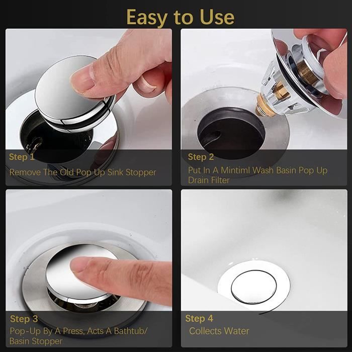 Bouchon de vidange pop-up pour évier de salle de bain compatible avec trou d 'évier standard de 3,8 cm à 4,9 cm en nickel brossé avec trop-plein