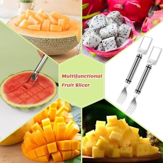 Lot De 2 Coupe-Pastèques 2 En 1 Acier Inoxydable – Trancheuse + Fourchette – Parfait Pour Melons, Pastèques & Fruits