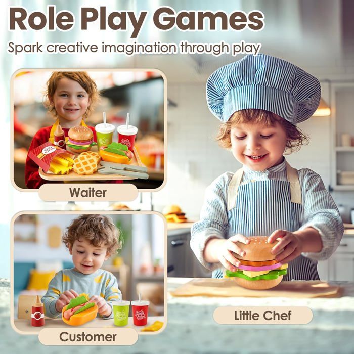 Kit Dinette En Bois BUYGER – Hamburger, Hot-dog, Frites, Boissons – Jeu De Rôle Restaurant, Cadeau éducatif Dès 3 Ans